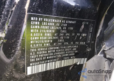 2015 Volkswagen Tiguan S z USA, uszkodzony, nr VIN WVGAV7AX3FW593963